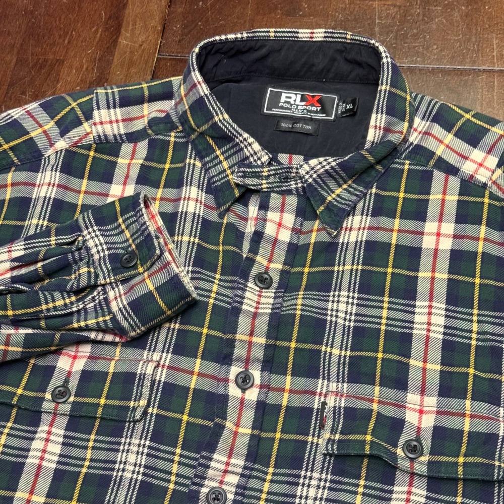 RLX Polo Ralph Sport Flannel Button Mens XL Multi Plaid Long Sleeve Heavy Shirt